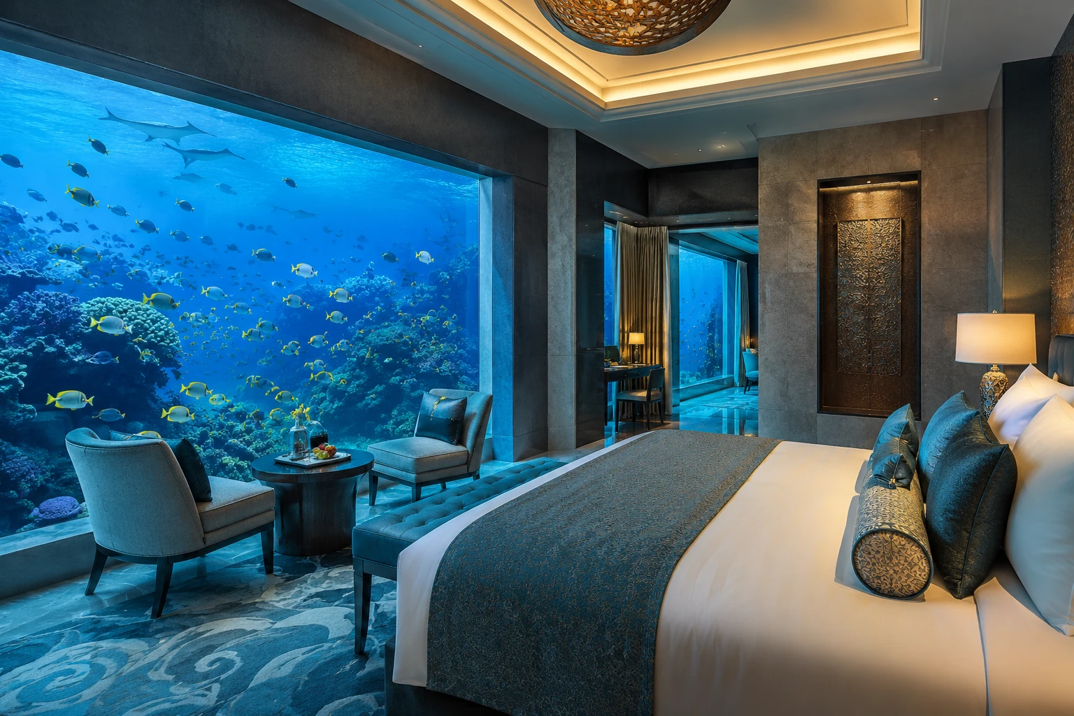 Fiktive Innenansichten und Unterwasser-Szenen des Atlantis All Inclusive Resorts