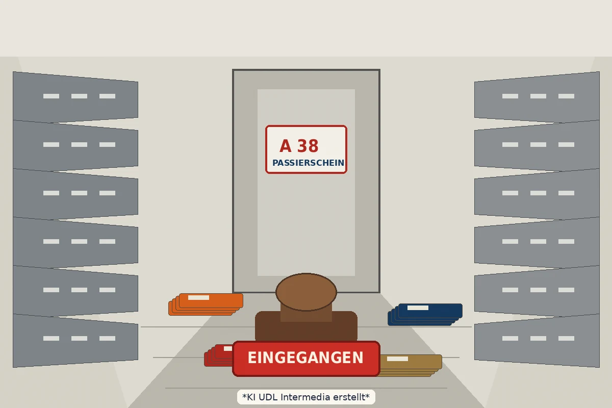 Fiktive Passierschein-A38-Expedition durch ein Aktenarchiv mit Ordnern und Eingangsstempel