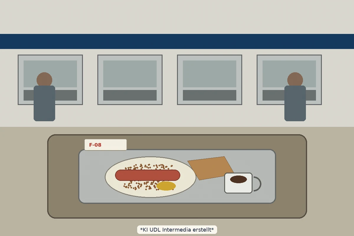 Planmäßige Kantinen-Vollversorgung im fiktiven Behörden-Resort mit Bockwurst, Senf und Filterkaffee