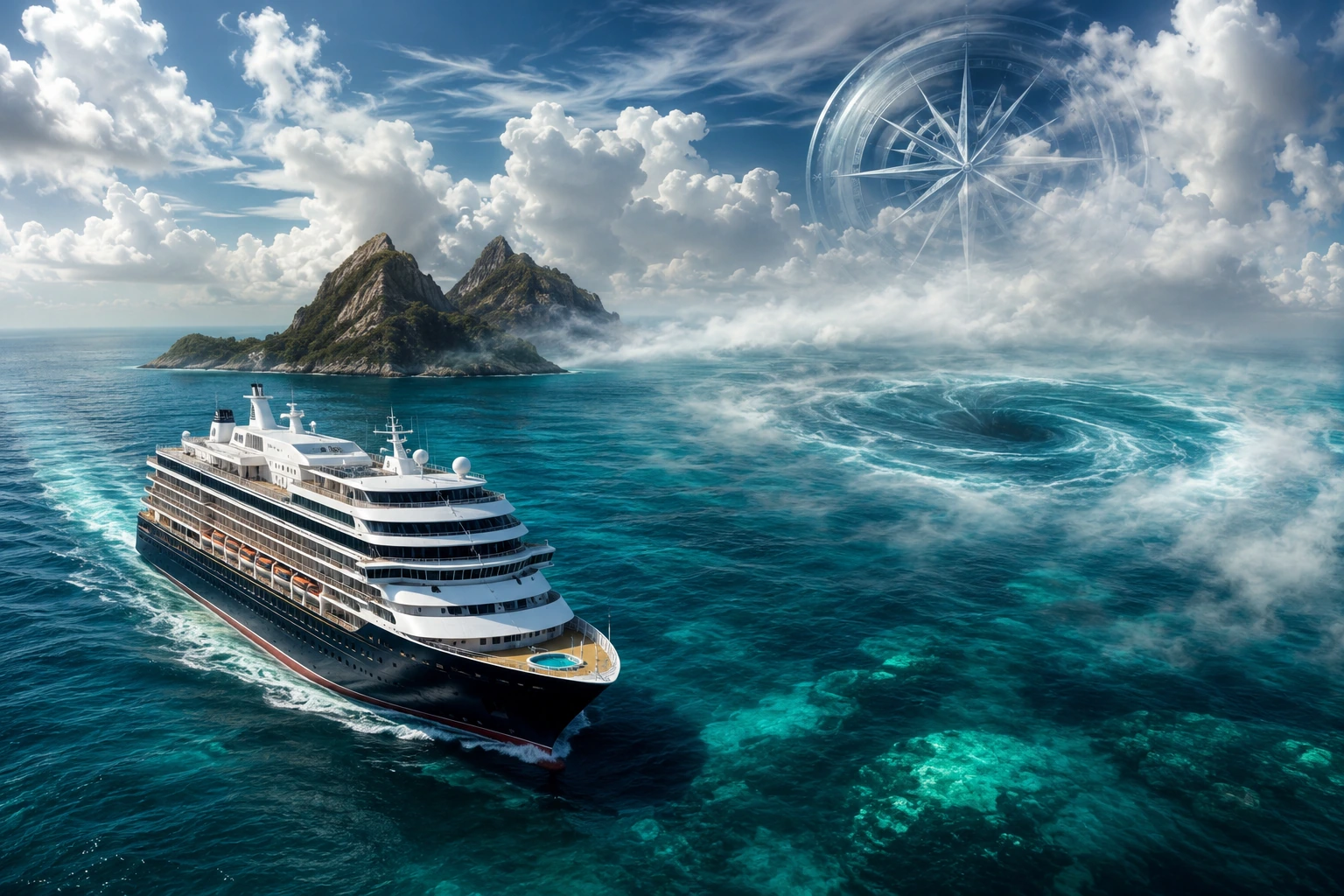 Fiktives Kreuzfahrtschiff in stürmischer Atmosphäre des Bermudadreiecks