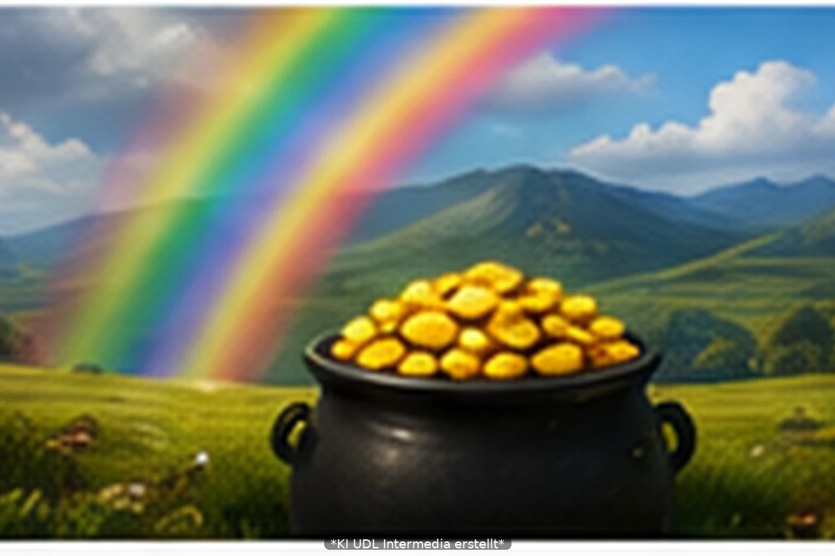 Fiktives Ende-des-Regenbogens Resort mit leuchtendem Regenbogen und Goldtopf