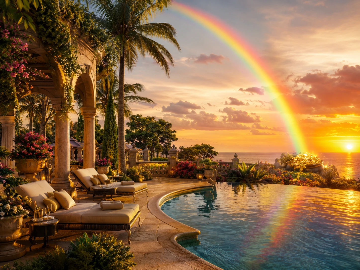 Fiktive Motive mit Regenbogen, Goldtopf und Reiseleiter am Ende des Regenbogens