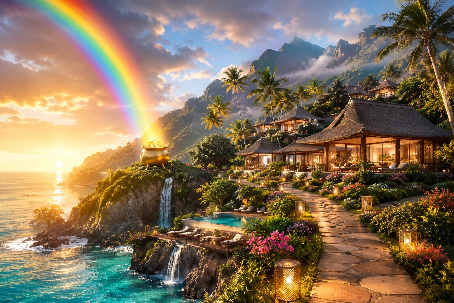 Nahansicht des fiktiven Goldtopfs am Ende eines Regenbogens