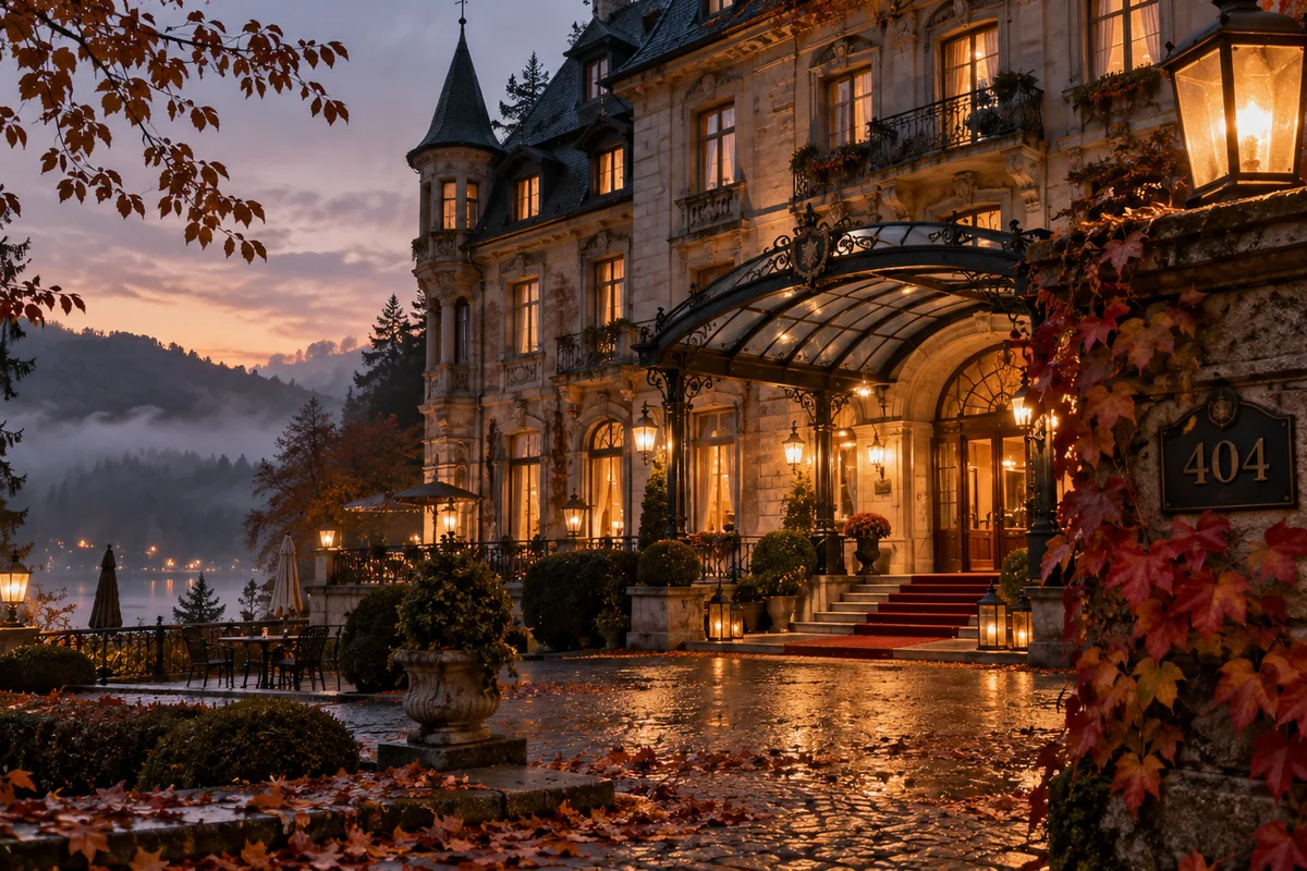 Geisterhotel 404 – fiktiver Halloween-Hotelurlaub am Nebelsee Fotorealistische KI-Darstellung: historisches Luxushotel mit Eingang 404 am Nebelsee bei Dämmerung