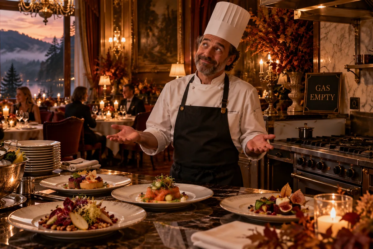 Hotelküche im Geisterhotel 404 – kein warmes Abendessen Fotorealistische KI-Darstellung: Hotelkoch in Gourmetküche ohne Gas für den Herd