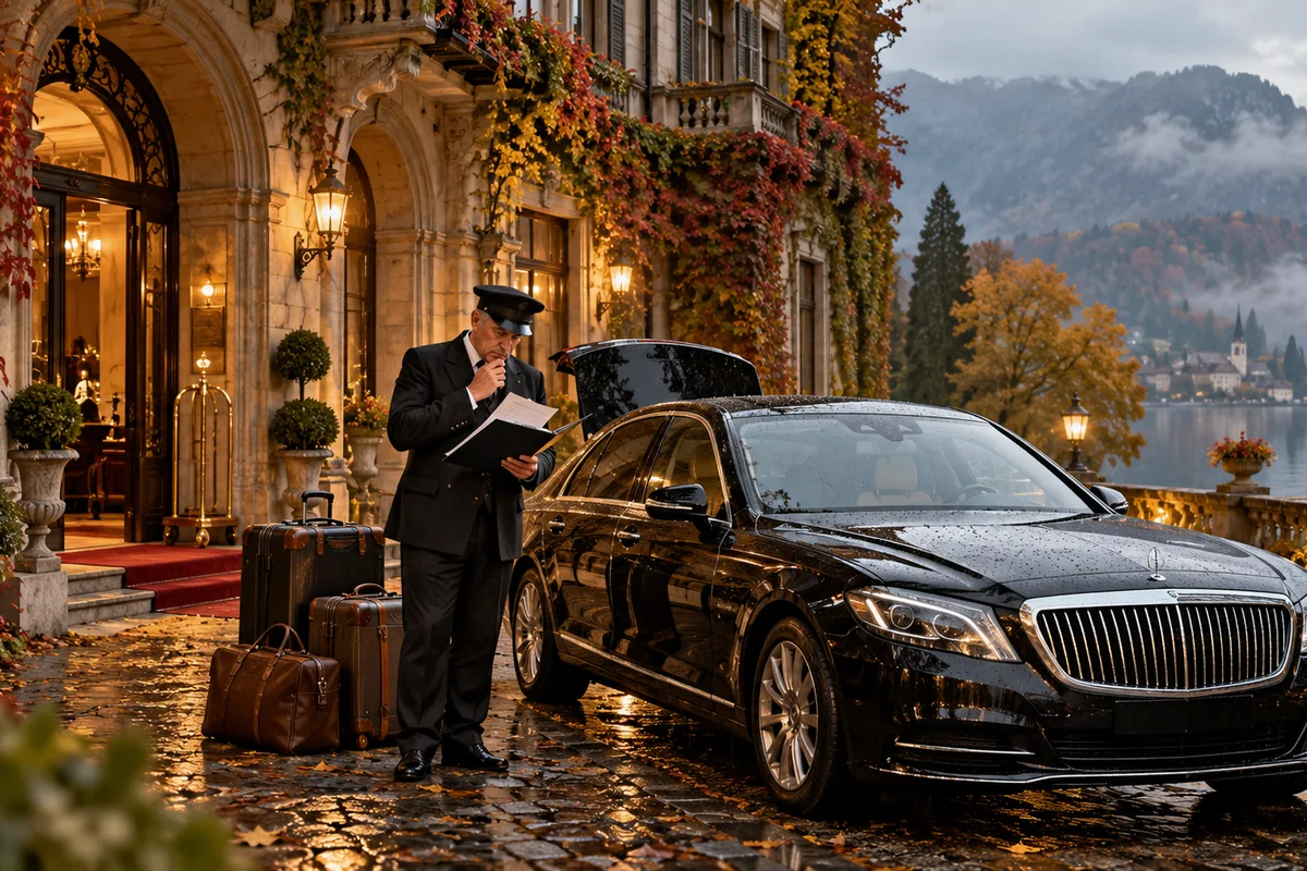 Flughafentransfer und Hoteltaxi des fiktiven Geisterhotels Fotorealistische KI-Darstellung: schwarzes Hotelshuttle-Taxi mit Koffern und Chauffeur vor dem Herbsthotel