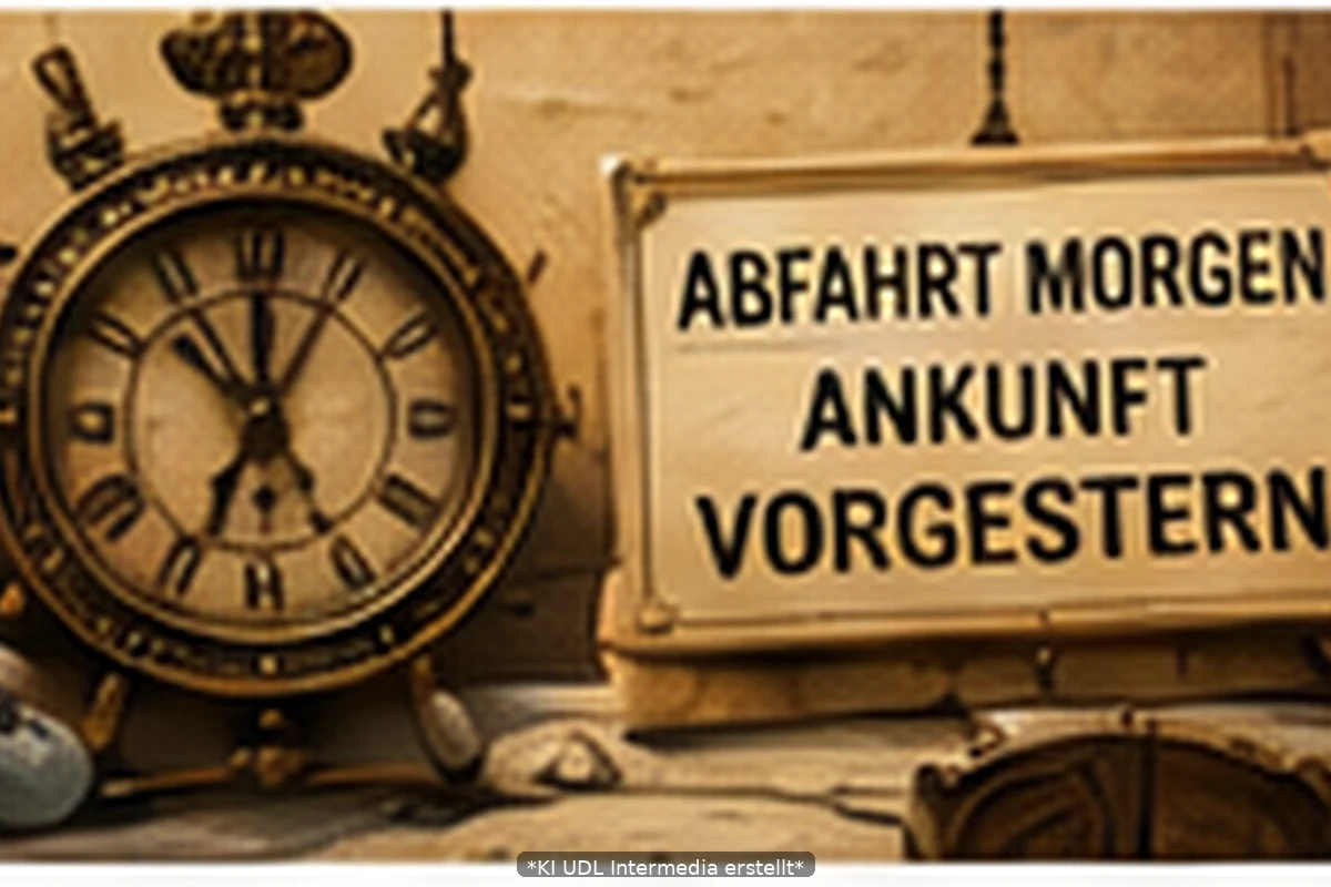 Fiktive Gestern-Kreuzfahrt mit großer Uhr und Schild Abfahrt morgen Ankunft vorgestern