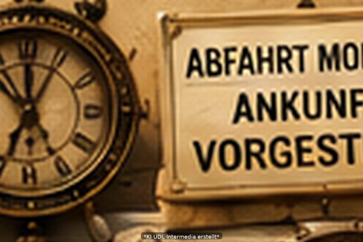 Nahansicht einer fiktiven Uhr und des paradoxen Fahrplans der Gestern-Kreuzfahrt