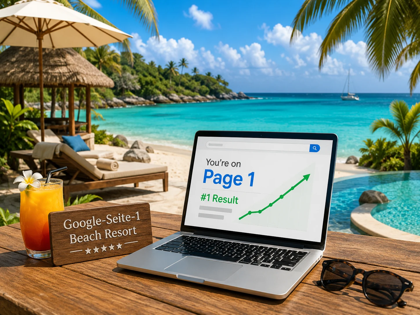 Fiktives Google-Seite-1 Beach Resort an einem tropischen Strand mit Suchmaschinen-Satire
