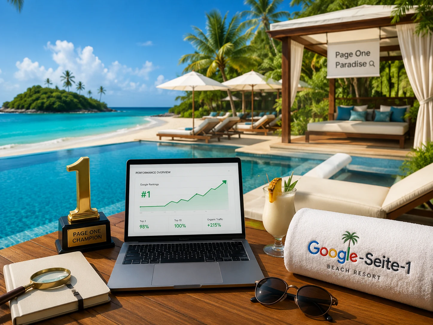 Fiktive Urlaubsmotive des Google-Seite-1 Beach Resorts mit Strand, Laptop und Suchthema