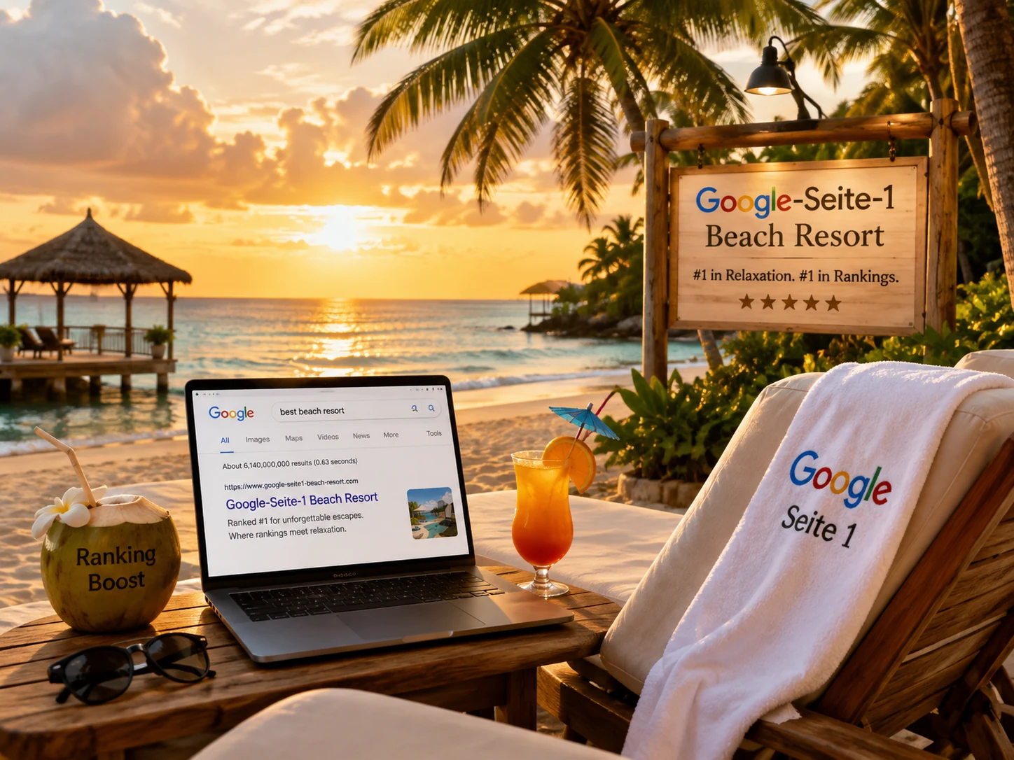Nahansicht des fiktiven Google-Seite-1 Beach Resorts am tropischen Strand