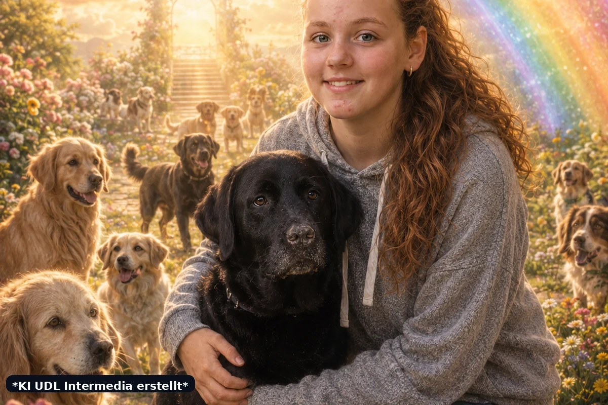 Fiktiver Regenbogengarten im Hundehimmel mit Frau und schwarzem Labrador