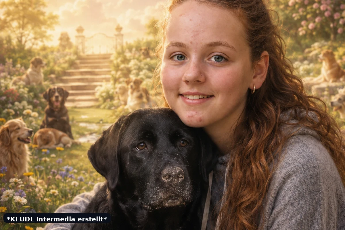 Fiktiver Hundehimmel mit Regenbogen, Frau, Labrador und weiteren Hunden