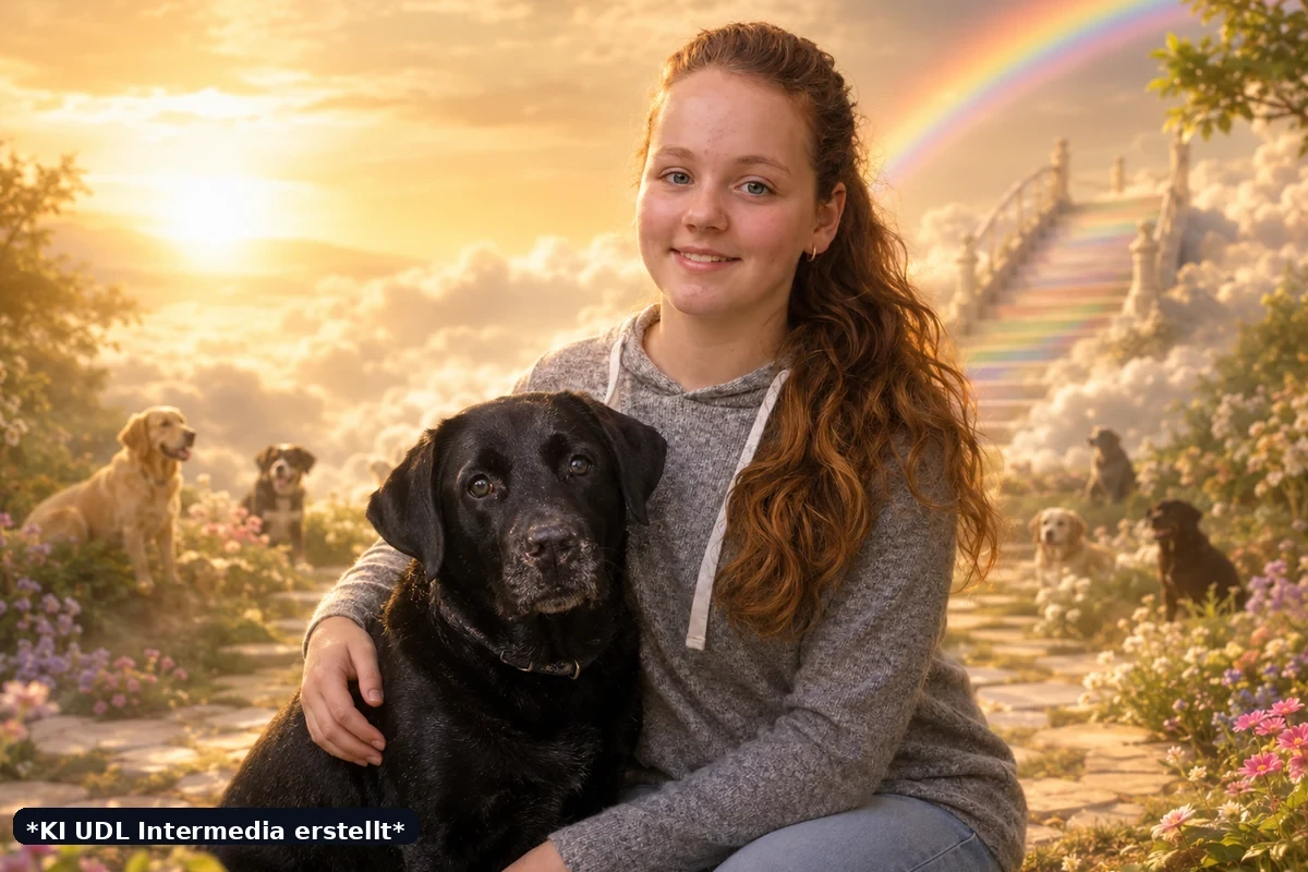 Fiktiver Hundehimmel mit junger Frau und schwarzem Labrador unter einem Regenbogen