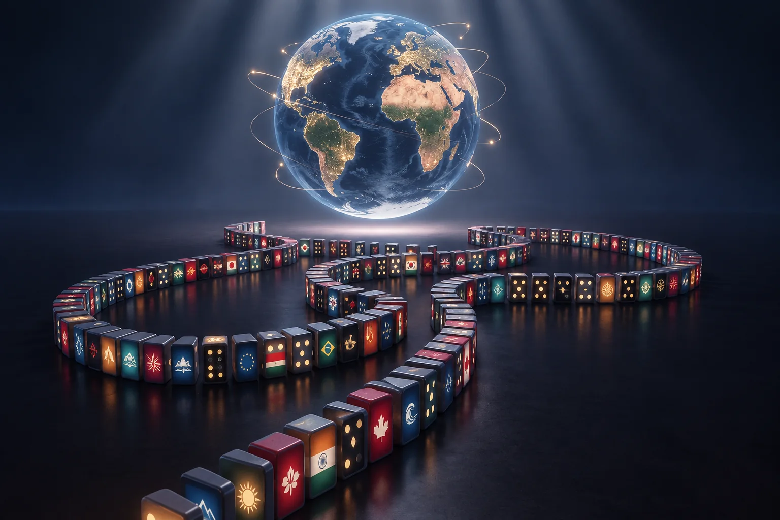 Internet Domino 2026 – die Reise zum Finale im führenden Land KI-Visualisierung einer leuchtenden Erde mit einer weltweiten digitalen Dominokette für Internet Domino 2026