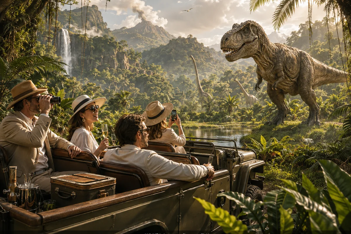 Fiktive Jura-Reise mit Dinosauriern nahe einer Hotelanlage
