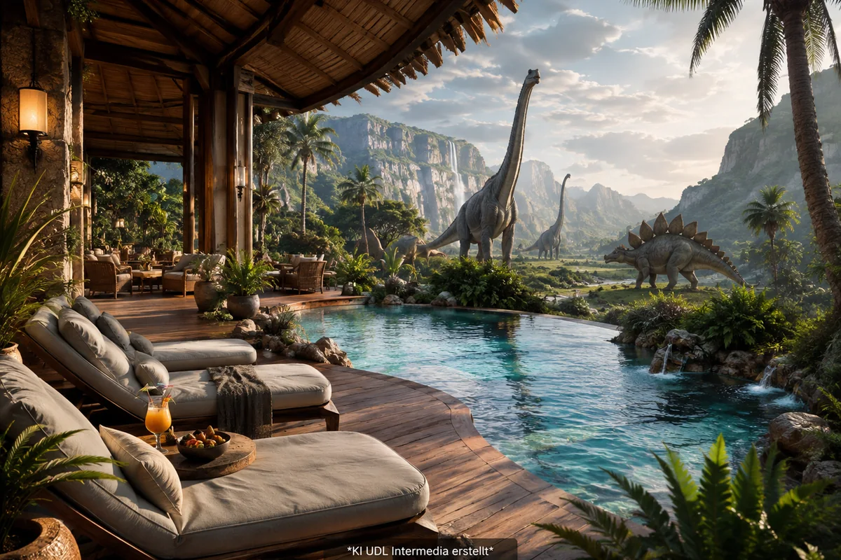 Fiktives All-Inclusive-Resort in der Jurazeit mit Dinosauriern