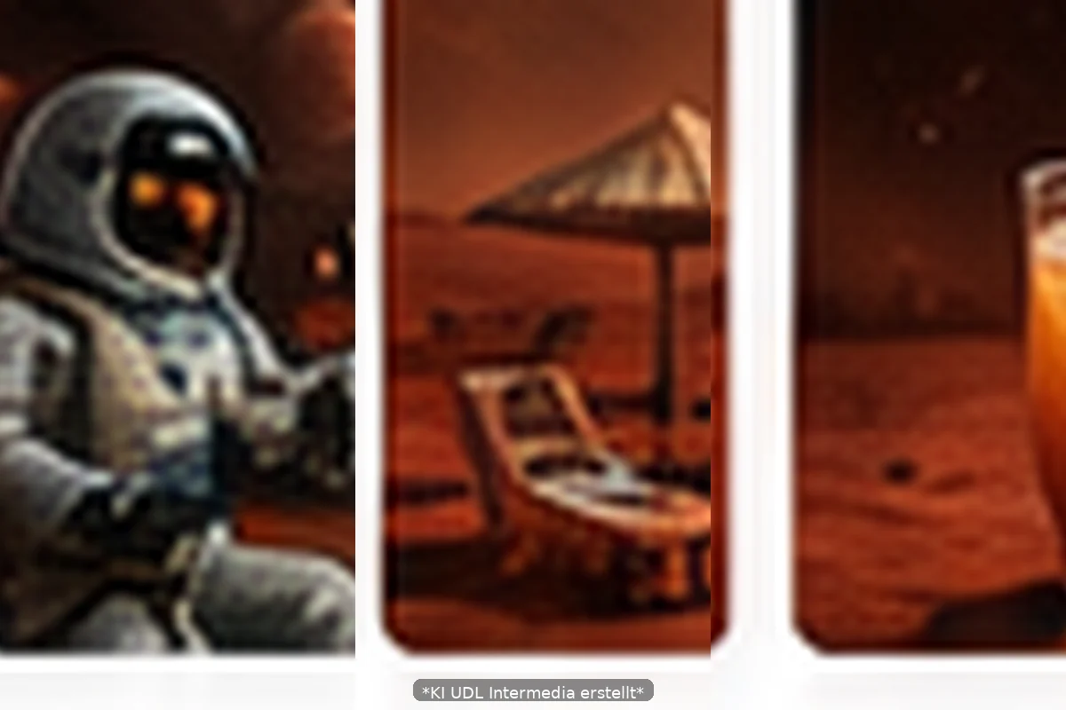 Fiktive Urlaubsszenen auf Mars-Mallorca mit Raumanzug, roter Terrasse und Getränk
