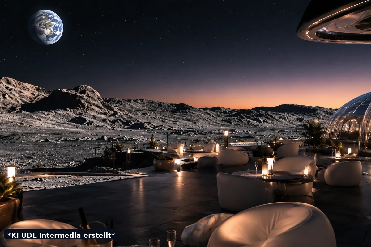 Fiktives Mondkrater-Camping mit Blick auf die Erde