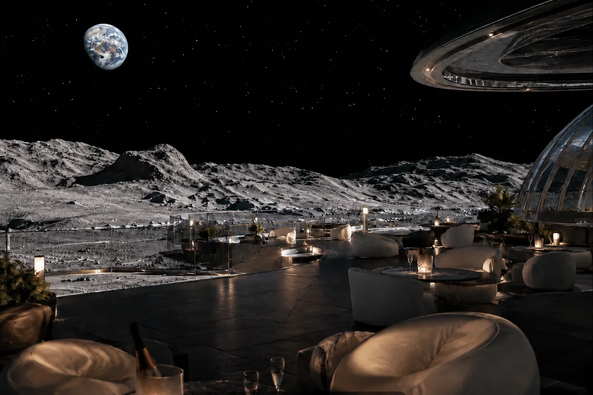 Fiktive Lounge eines Mondresorts mit Blick auf die Mondoberfläche