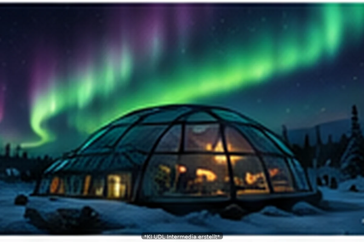 Fiktives gläsernes Nordlicht-Resort unter leuchtender Aurora