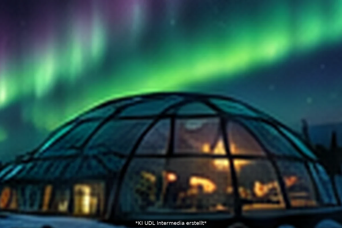 Nahansicht des fiktiven Nordlicht-Resorts unter grünem Polarlicht