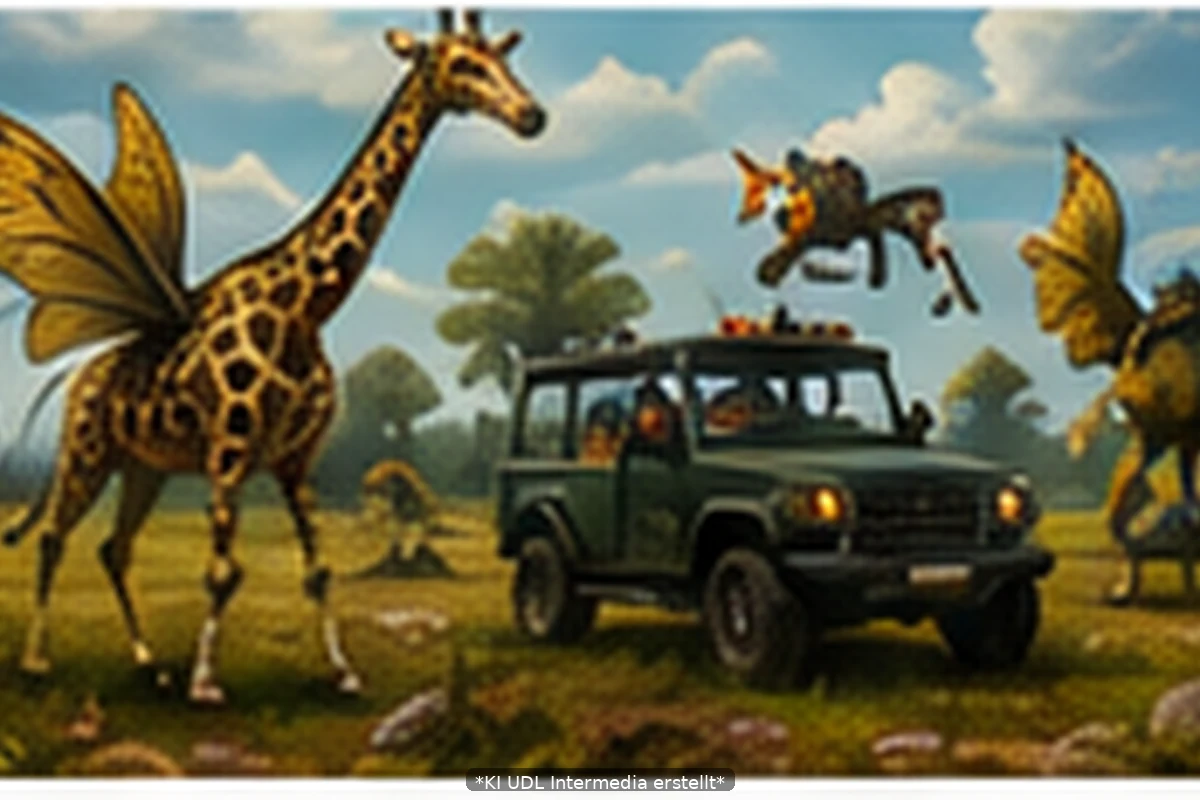 Fiktive Parallelwelt Safari mit fantastischen Tieren und Safari-Fahrzeug