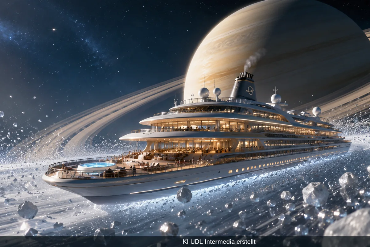 Fiktive Saturnring-Kreuzfahrt mit luxuriösem Schiffsdeck