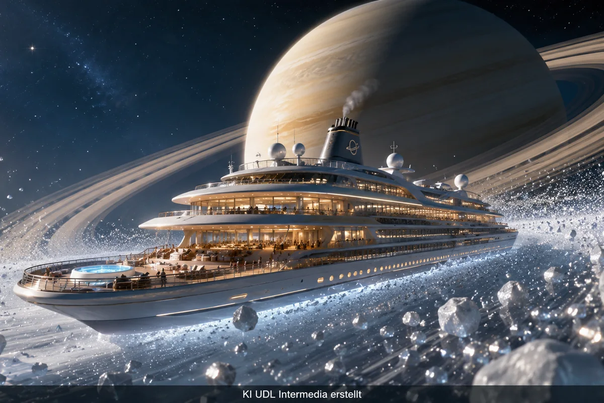 Fiktives Kreuzfahrtschiff in den Ringen des Saturn