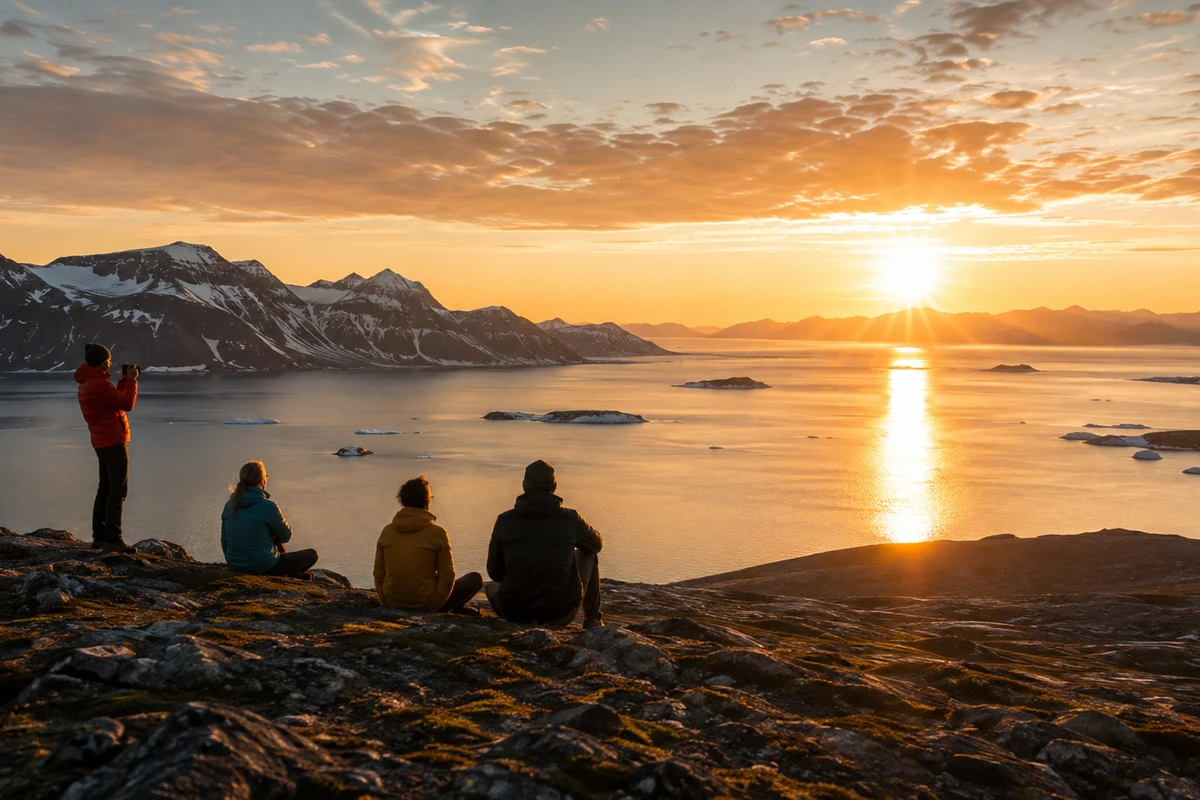 Urlaub ohne Nacht – Mitternachtssonne in Lappland erleben Reisende erleben die goldene Mitternachtssonne über einer Fjordlandschaft in Lappland
