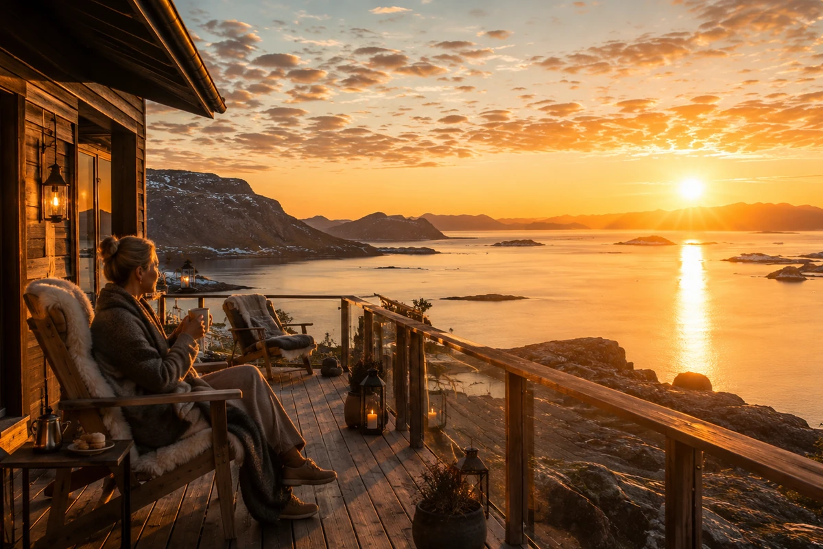 Auch um Mitternacht bleibt es hell – Unterkunft unter der Mitternachtssonne Helle Sommernacht in Lappland mit gemütlicher Lodge und Sonne am Horizont