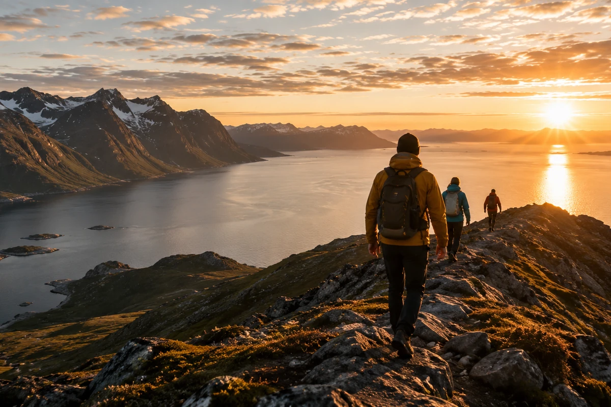 Mitternachtswanderung in Lappland bei 24 Stunden Tageslicht Mitternachtswanderung bei Tageslicht auf einem Bergkamm in Finnisch-Lappland
