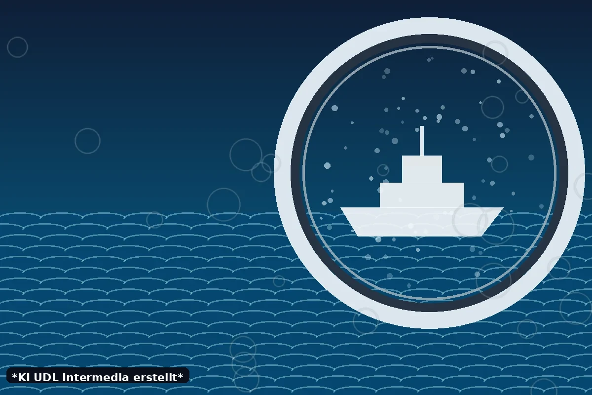 Fiktives Kreuzfahrtschiff hinter dem Bullauge einer Waschmaschine