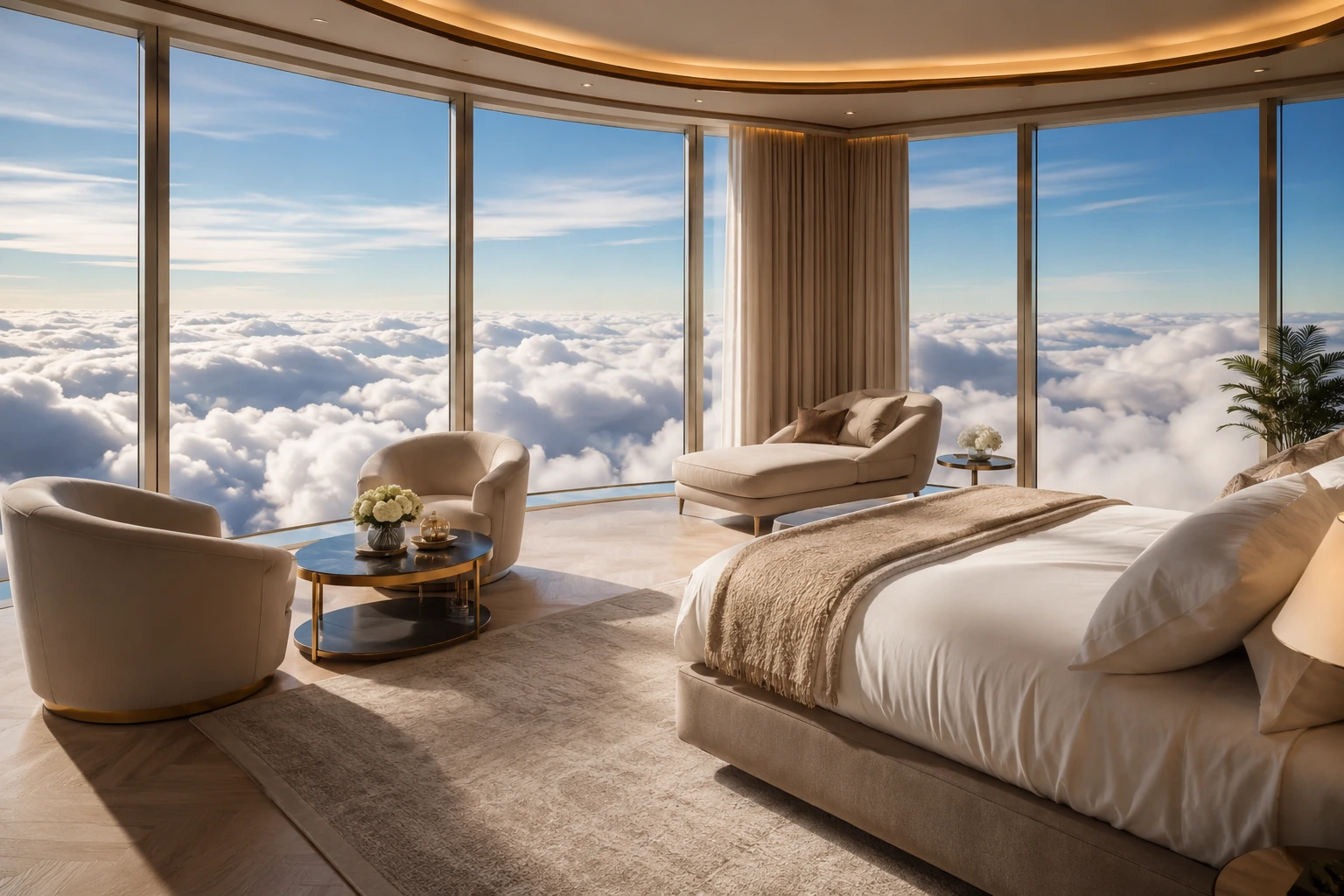 Fiktives gläsernes Wolkenhotel Deluxe oberhalb eines Wolkenmeers
