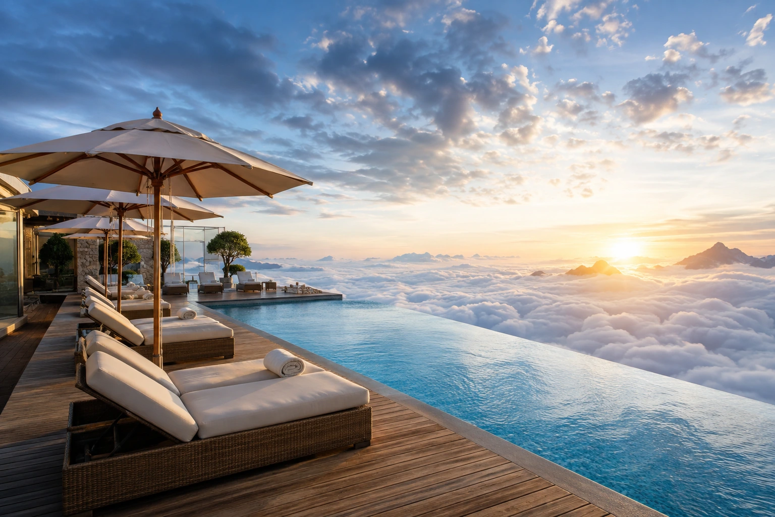 Fiktive Zimmer- und Aussichtsmotive des Wolkenhotel Deluxe in großer Höhe