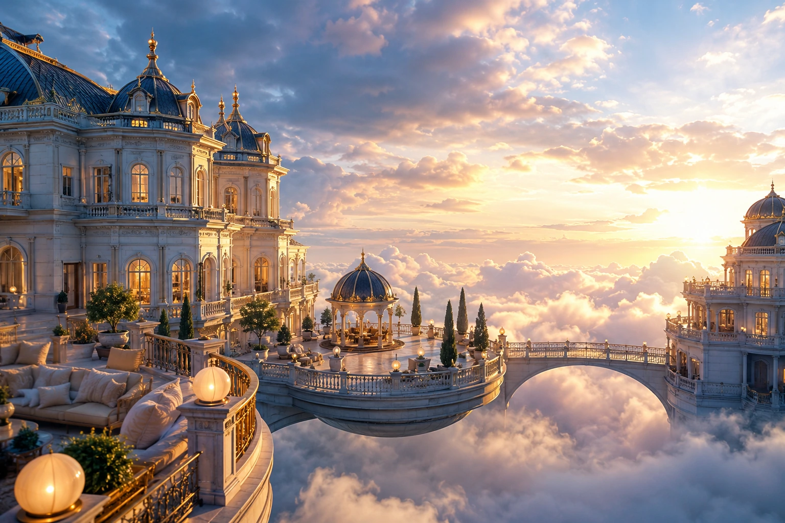 Nahansicht des fiktiven Wolkenhotels hoch über den Wolken
