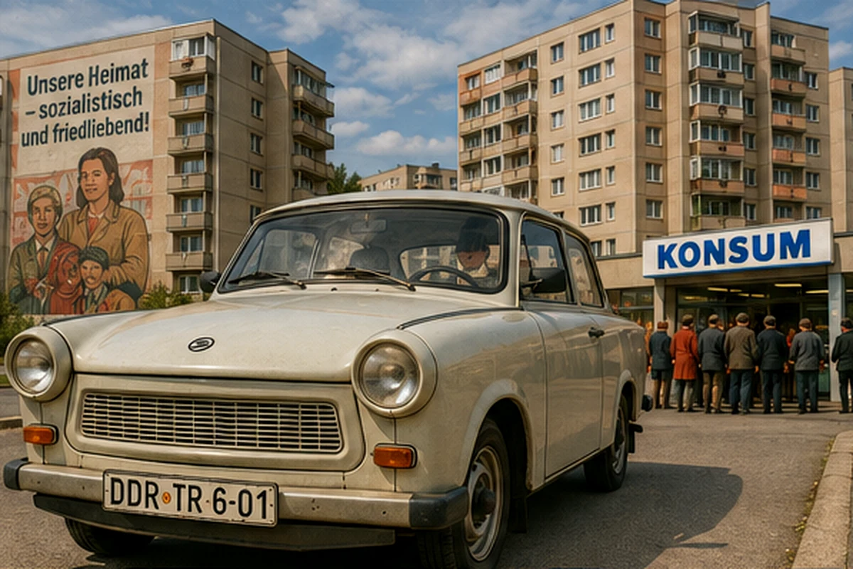 Satirische DDR-Zeitreise mit Trabant 601 vor Plattenbauten und einer Konsum-Kaufhalle