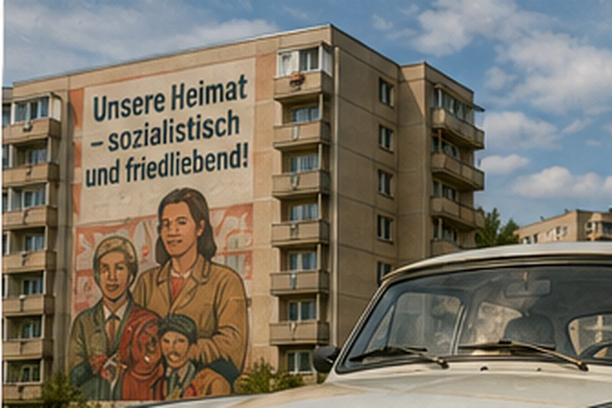 Fiktiver Plattenbau der DDR-Zeitreise mit sozialistischer Wandgestaltung und Trabant im Vordergrund
